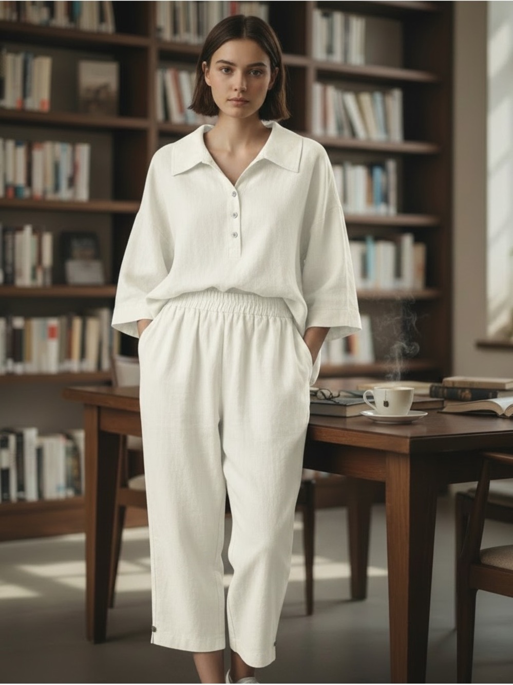 Women's Relaxed Elastic-Waist wide leg pants suit White
